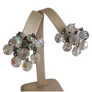Vintage clear Austrian crystal drop dangle clip on earrings AB faceted beads